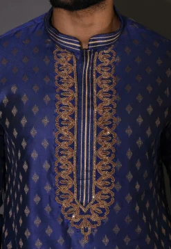 Hand Embroidered Neckline Cotton Silk Dhoti Kurta in Royal Blue