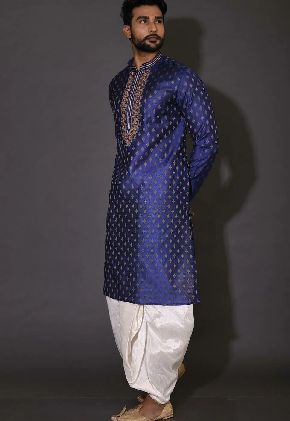 Hand Embroidered Neckline Cotton Silk Dhoti Kurta in Royal Blue