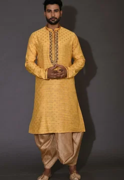 Hand Embroidered Neckline Cotton Silk Dhoti Kurta in Yellow