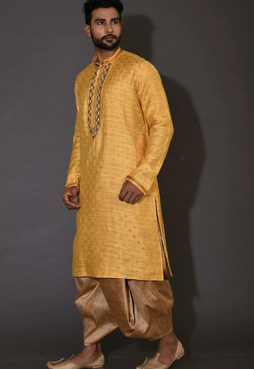 Hand Embroidered Neckline Cotton Silk Dhoti Kurta in Yellow