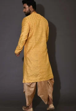 Hand Embroidered Neckline Cotton Silk Dhoti Kurta in Yellow