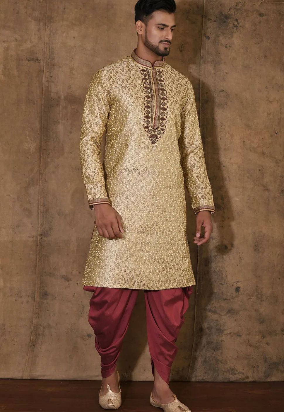 Hand Embroidered Neckline Art Silk Jacquard Kurta Set in Beige