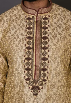Hand Embroidered Neckline Art Silk Jacquard Kurta Set in Beige