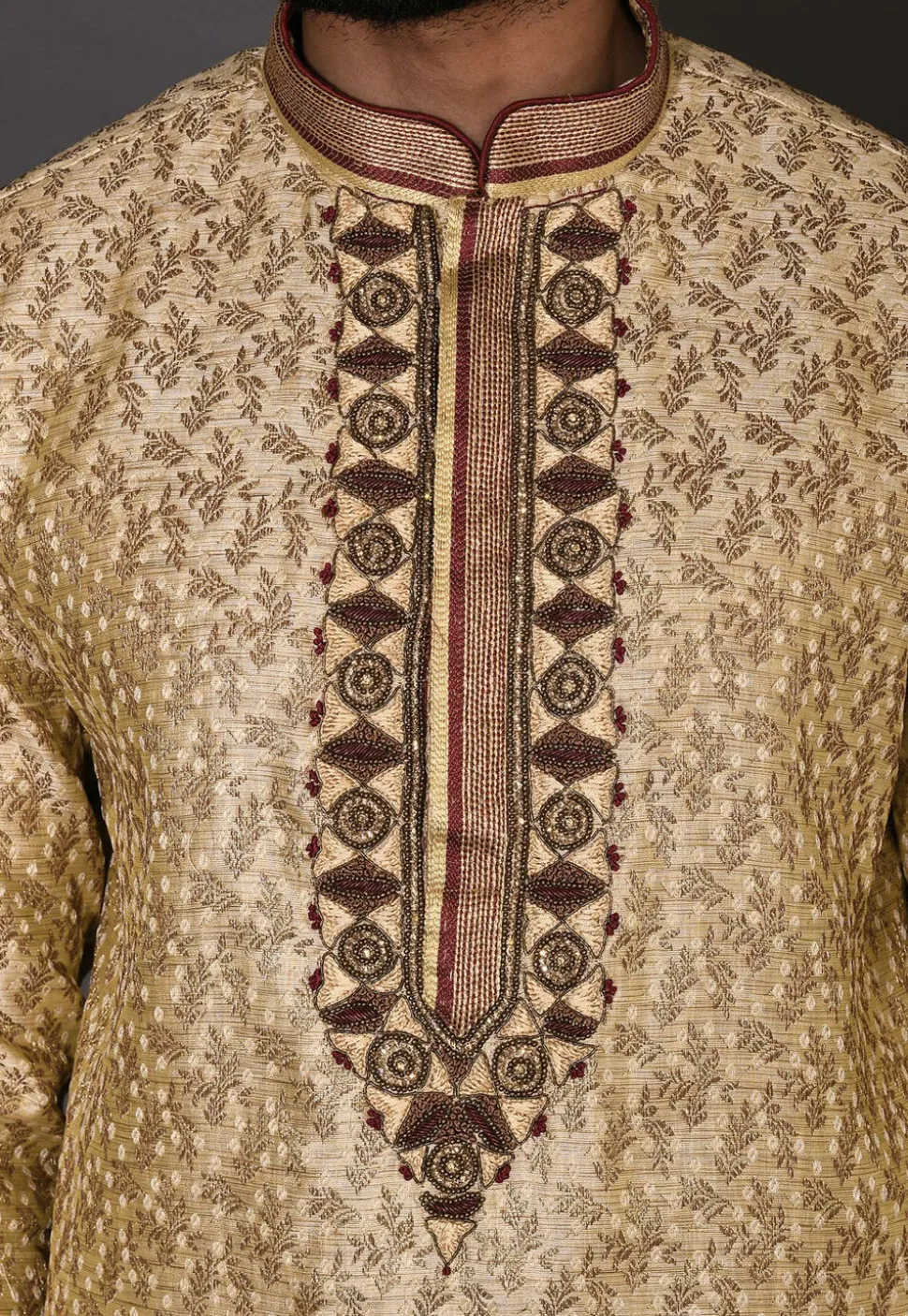 Hand Embroidered Neckline Art Silk Jacquard Kurta Set in Beige