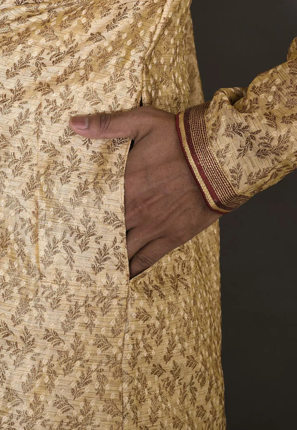 Hand Embroidered Neckline Art Silk Jacquard Kurta Set in Beige