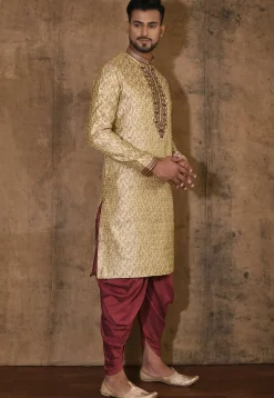 Hand Embroidered Neckline Art Silk Jacquard Kurta Set in Beige
