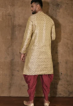 Hand Embroidered Neckline Art Silk Jacquard Kurta Set in Beige