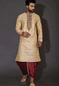 Hand Embroidered Neckline Art Silk Dhoti Kurta in Beige