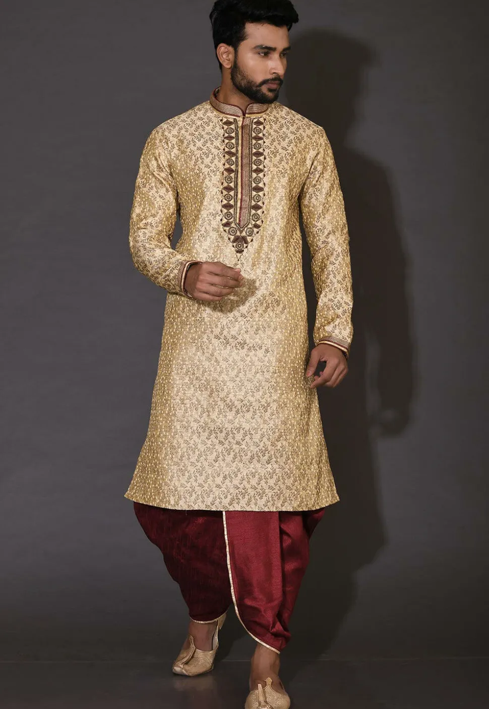 Hand Embroidered Neckline Art Silk Dhoti Kurta in Beige