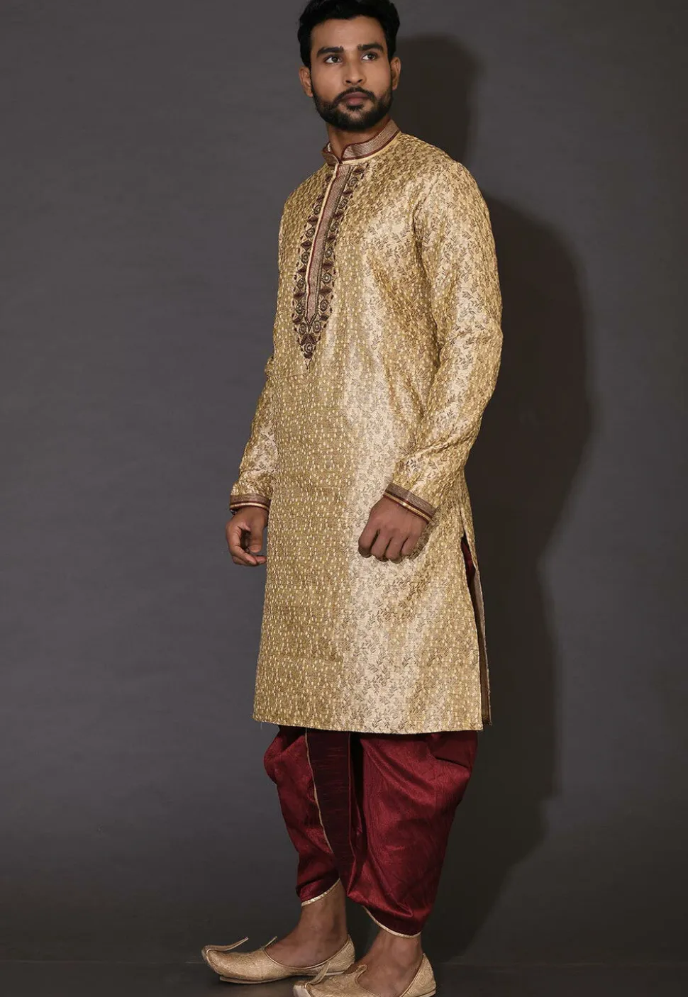 Hand Embroidered Neckline Art Silk Dhoti Kurta in Beige