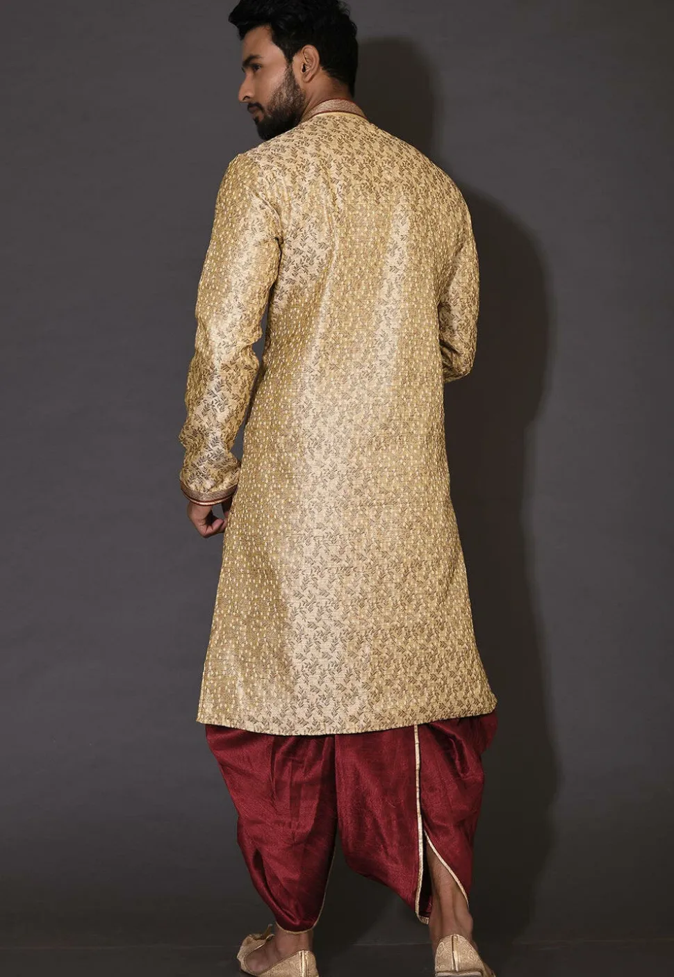 Hand Embroidered Neckline Art Silk Dhoti Kurta in Beige