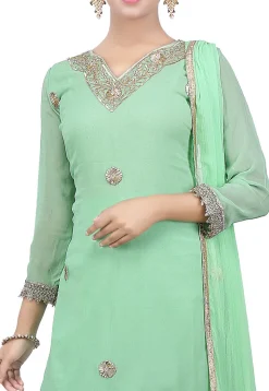 Hand Embroidered Neckline Georgette Pakistani Suit in Green