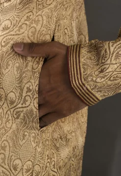Hand Embroidered Neckline Art Silk Jacquard Kurta Set in Beige
