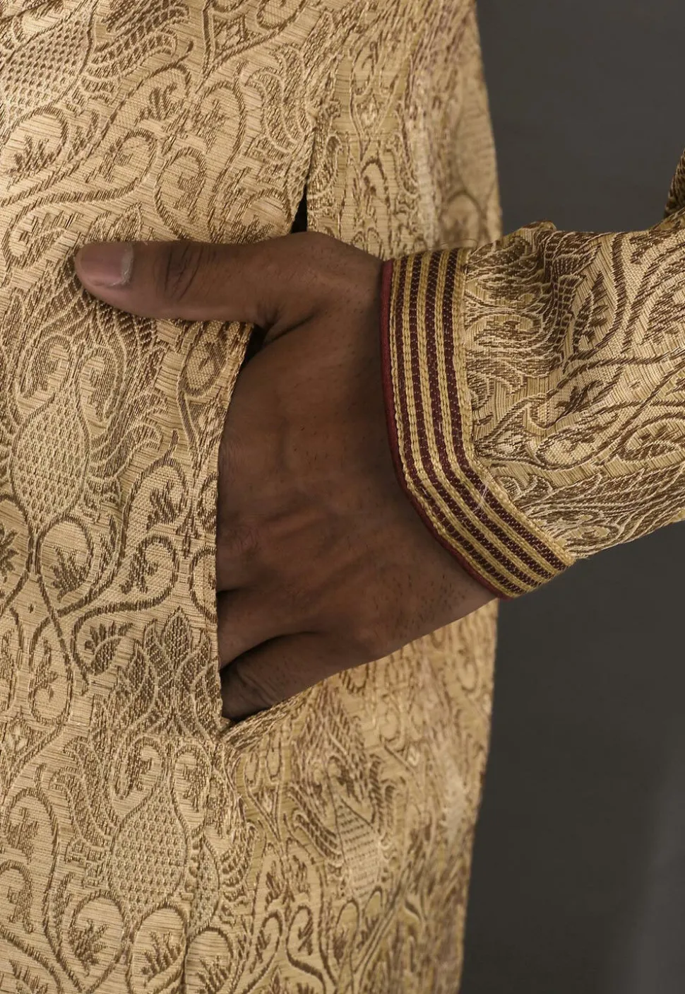 Hand Embroidered Neckline Art Silk Jacquard Kurta Set in Beige