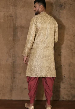 Hand Embroidered Neckline Art Silk Jacquard Kurta Set in Beige