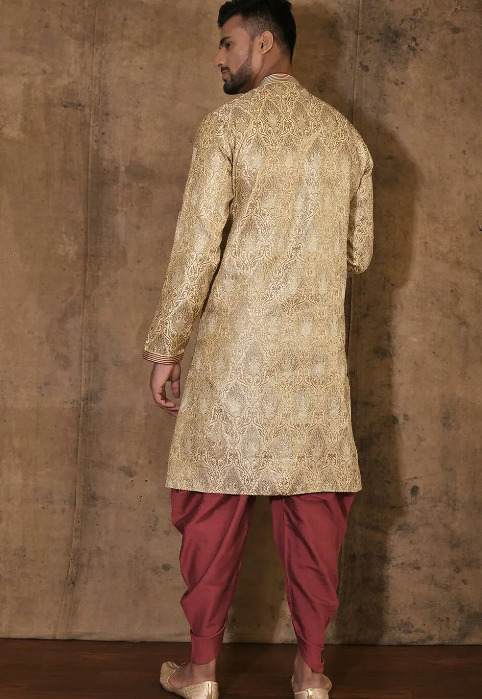 Hand Embroidered Neckline Art Silk Jacquard Kurta Set in Beige
