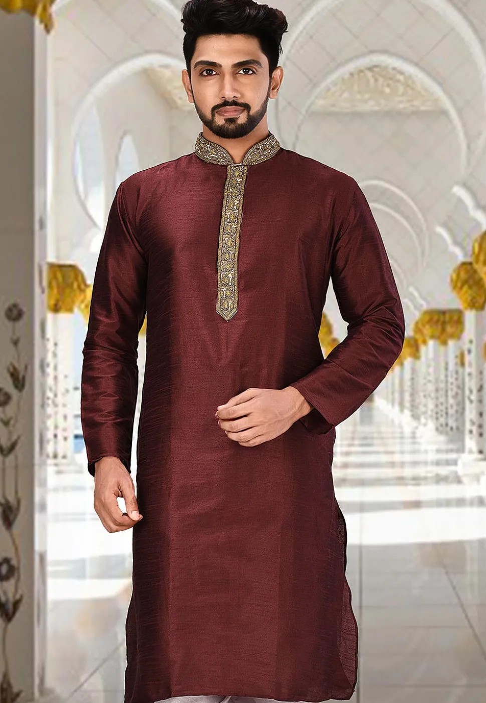 Hand Embroidered Neckline Dupion Silk Kurta in Dark Maroon