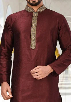 Hand Embroidered Neckline Dupion Silk Kurta in Dark Maroon