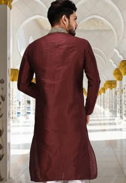 Hand Embroidered Neckline Dupion Silk Kurta in Dark Maroon