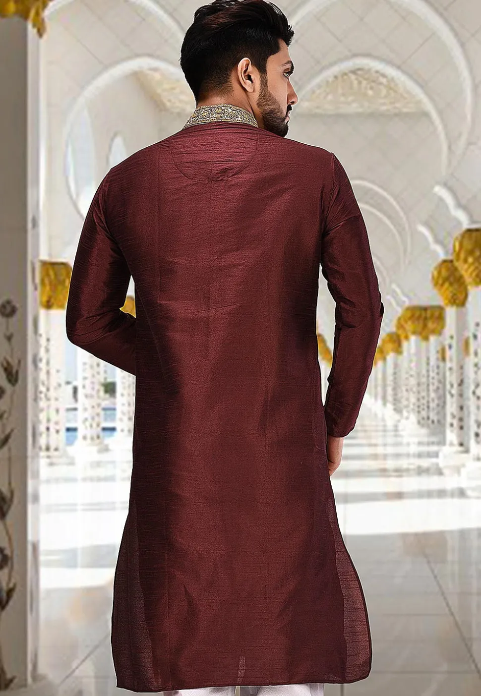 Hand Embroidered Neckline Dupion Silk Kurta in Dark Maroon
