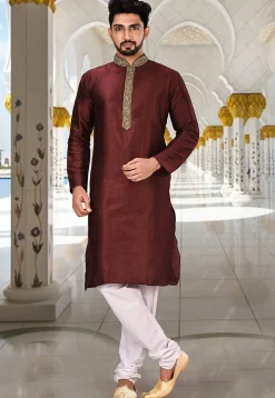 Hand Embroidered Neckline Dupion Silk Kurta in Dark Maroon