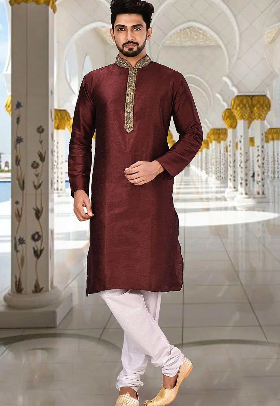 Hand Embroidered Neckline Dupion Silk Kurta in Dark Maroon