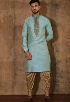 Hand Embroidered Neckline Cotton Silk Kurta Set in Turquoise