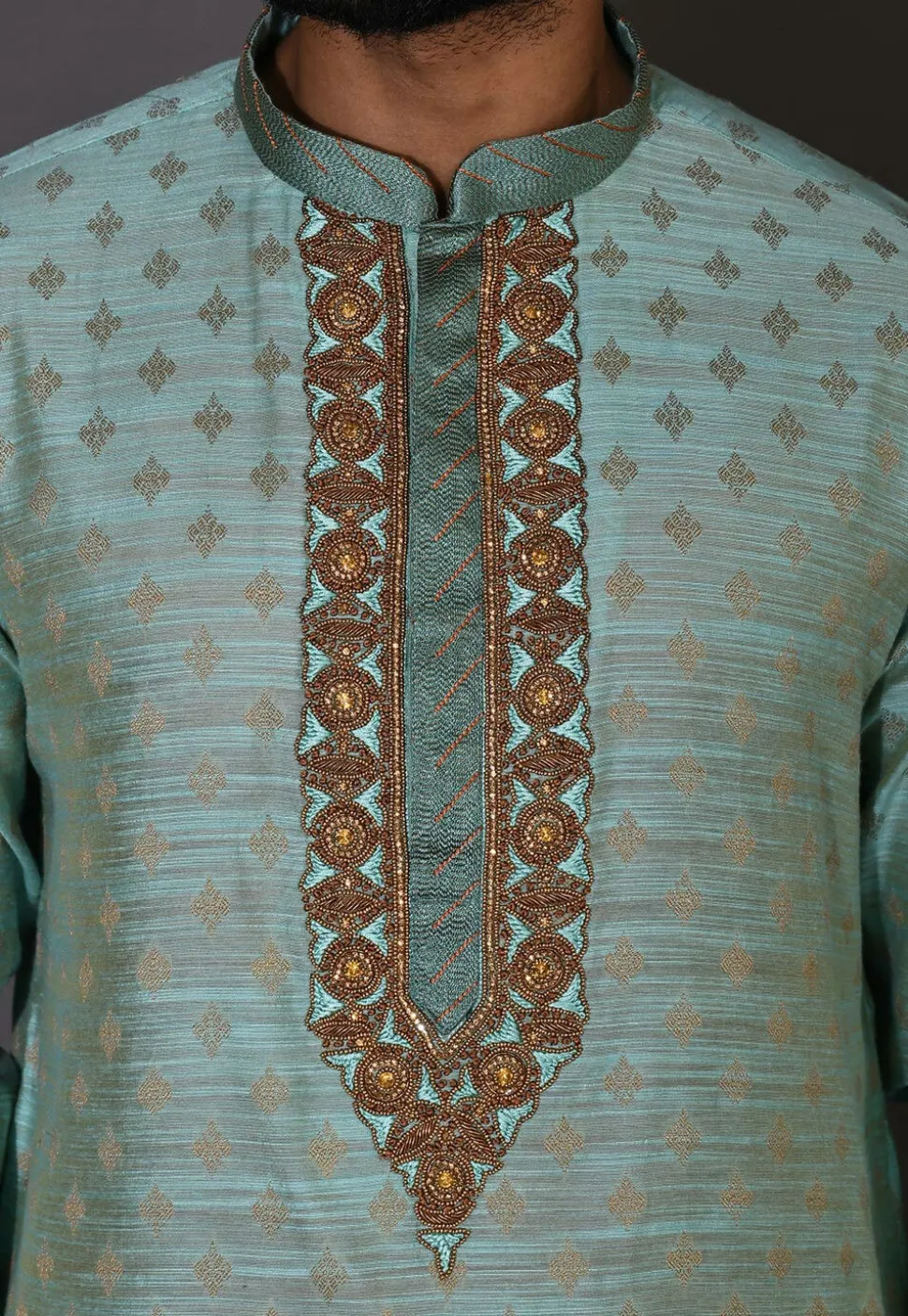 Hand Embroidered Neckline Cotton Silk Kurta Set in Turquoise