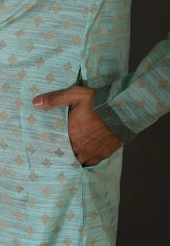 Hand Embroidered Neckline Cotton Silk Kurta Set in Turquoise