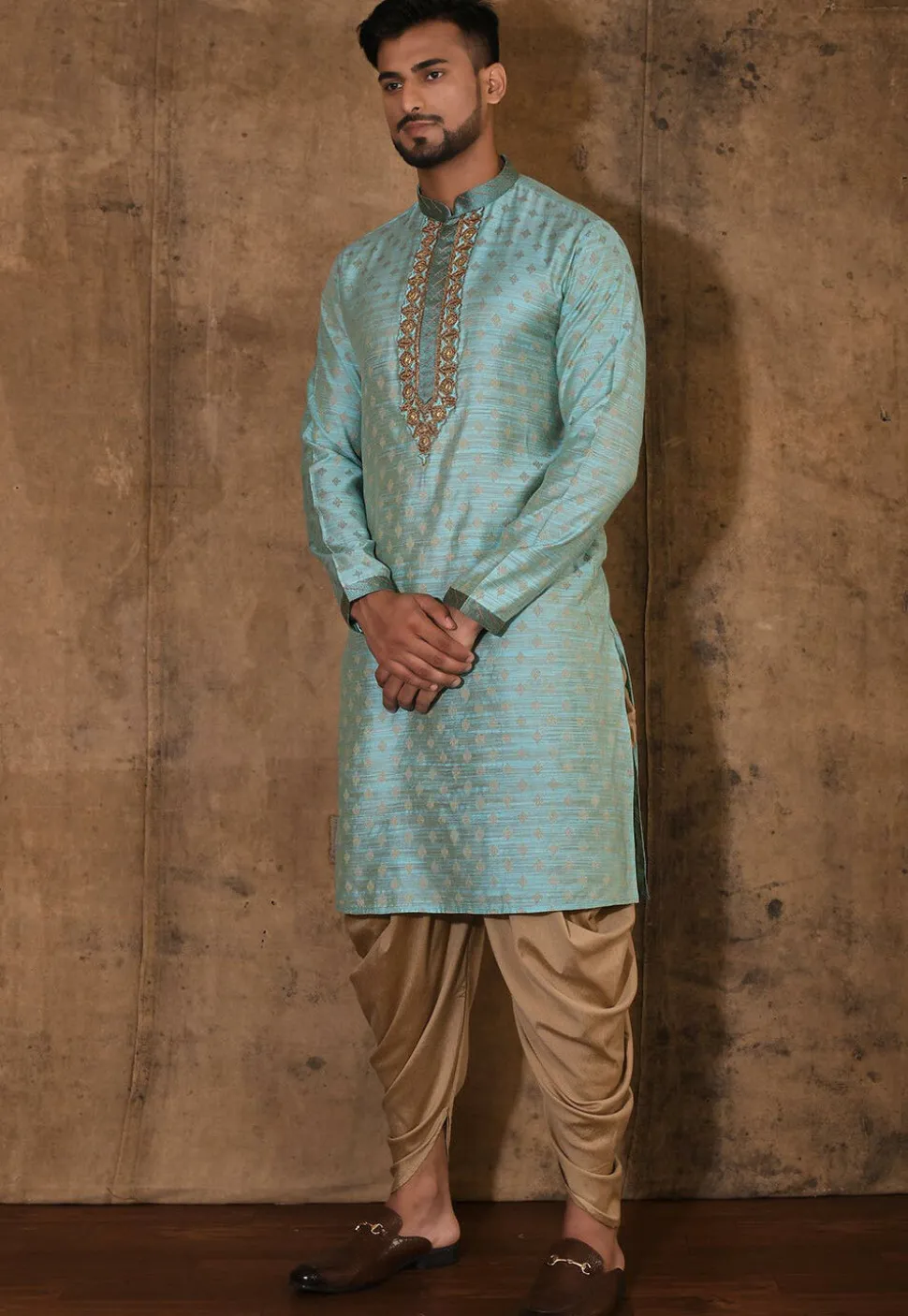 Hand Embroidered Neckline Cotton Silk Kurta Set in Turquoise