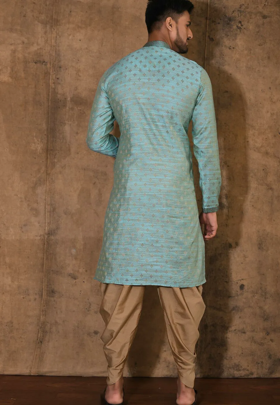 Hand Embroidered Neckline Cotton Silk Kurta Set in Turquoise
