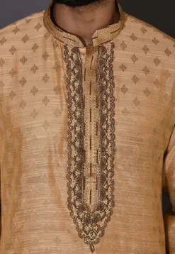 Hand Embroidered Neckline Cotton Silk Dhoti Kurta in Beige