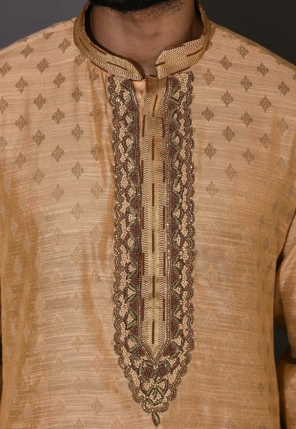 Hand Embroidered Neckline Cotton Silk Dhoti Kurta in Beige
