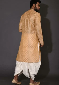 Hand Embroidered Neckline Cotton Silk Dhoti Kurta in Beige
