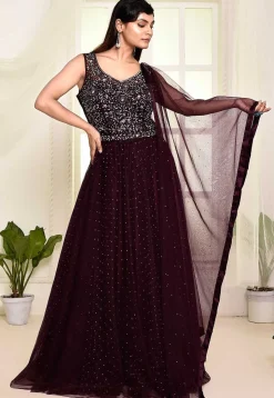 Hand Embroidered Net Abaya Style Suit in Wine