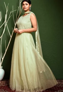 Hand Embroidered Net Abaya Style Suit in Pastel Green