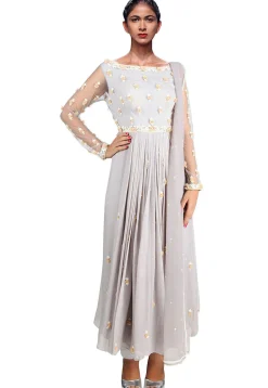 Hand Embroidered Net Abaya Style Suit in Light Grey