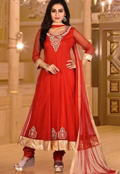 Hand Embroidered Net Anarkali Suit in Red