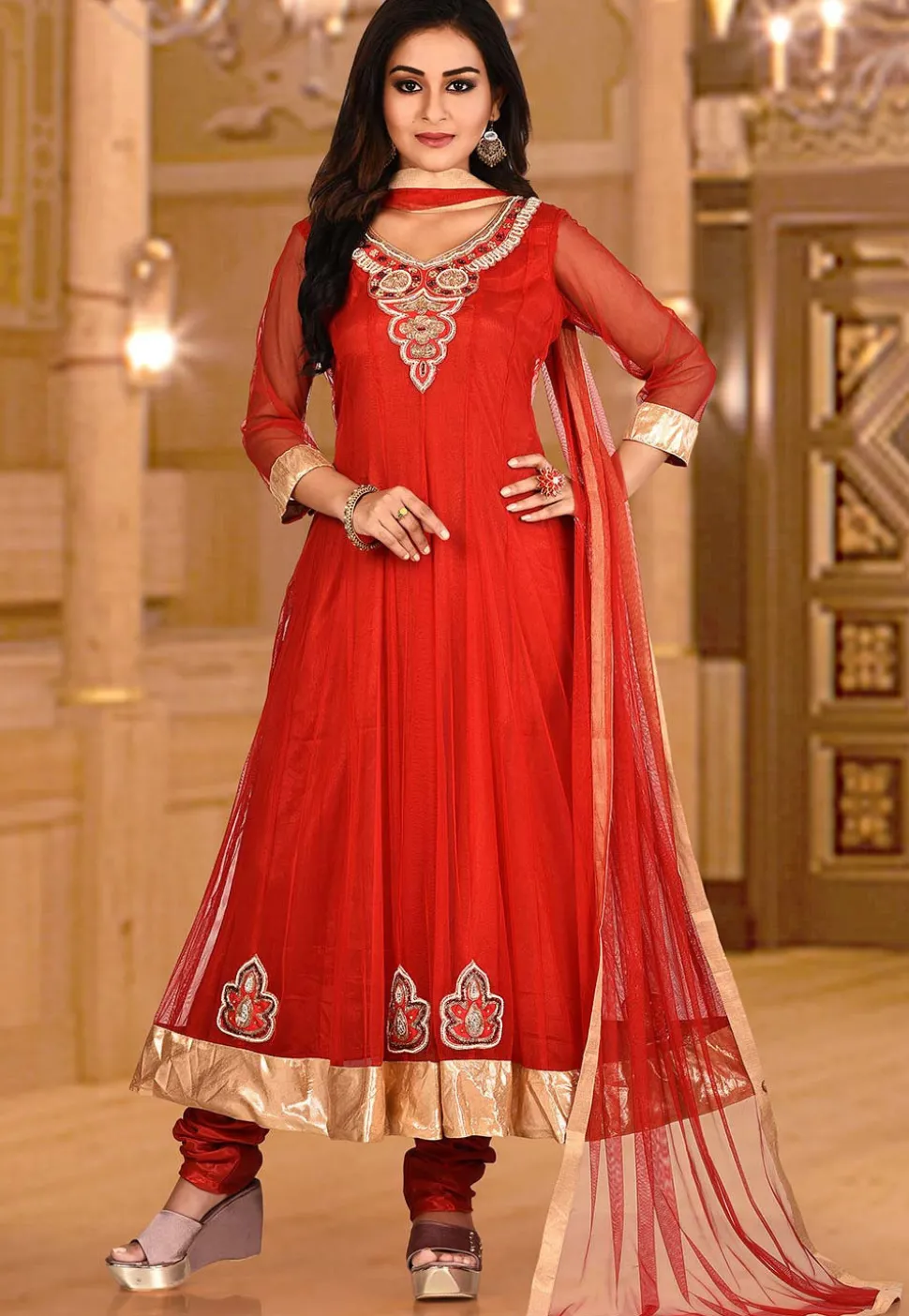 Hand Embroidered Net Anarkali Suit in Red