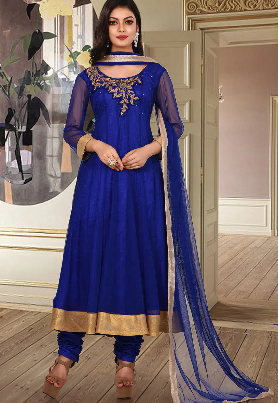 Hand Embroidered Net Anarkali Suit in Royal Blue