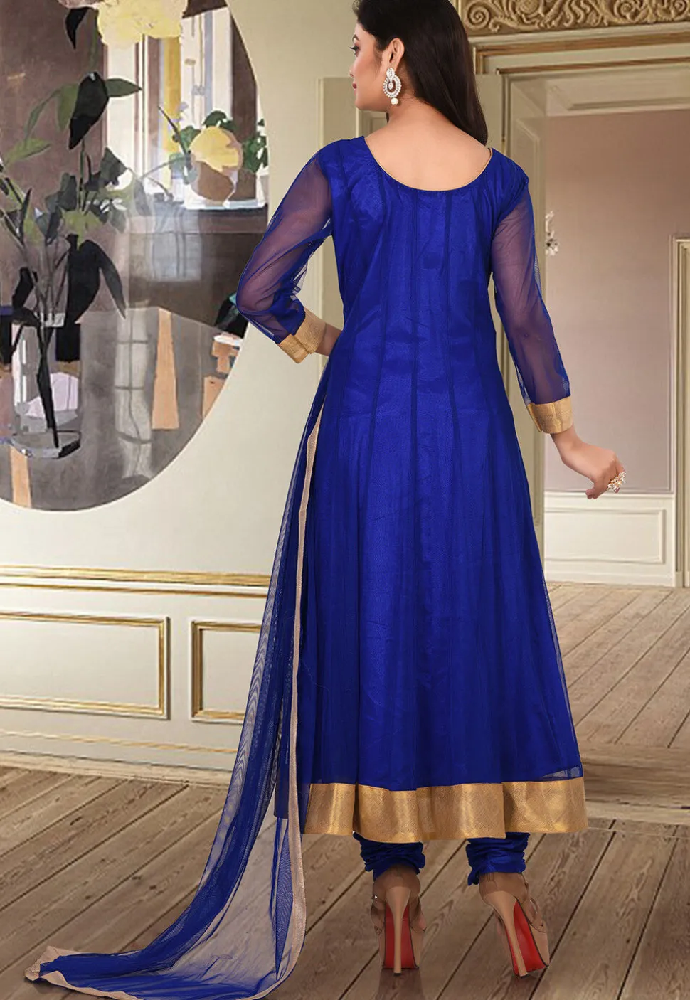 Hand Embroidered Net Anarkali Suit in Royal Blue