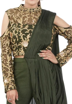 Hand Embroidered Net Crop Top Set in Olive Green