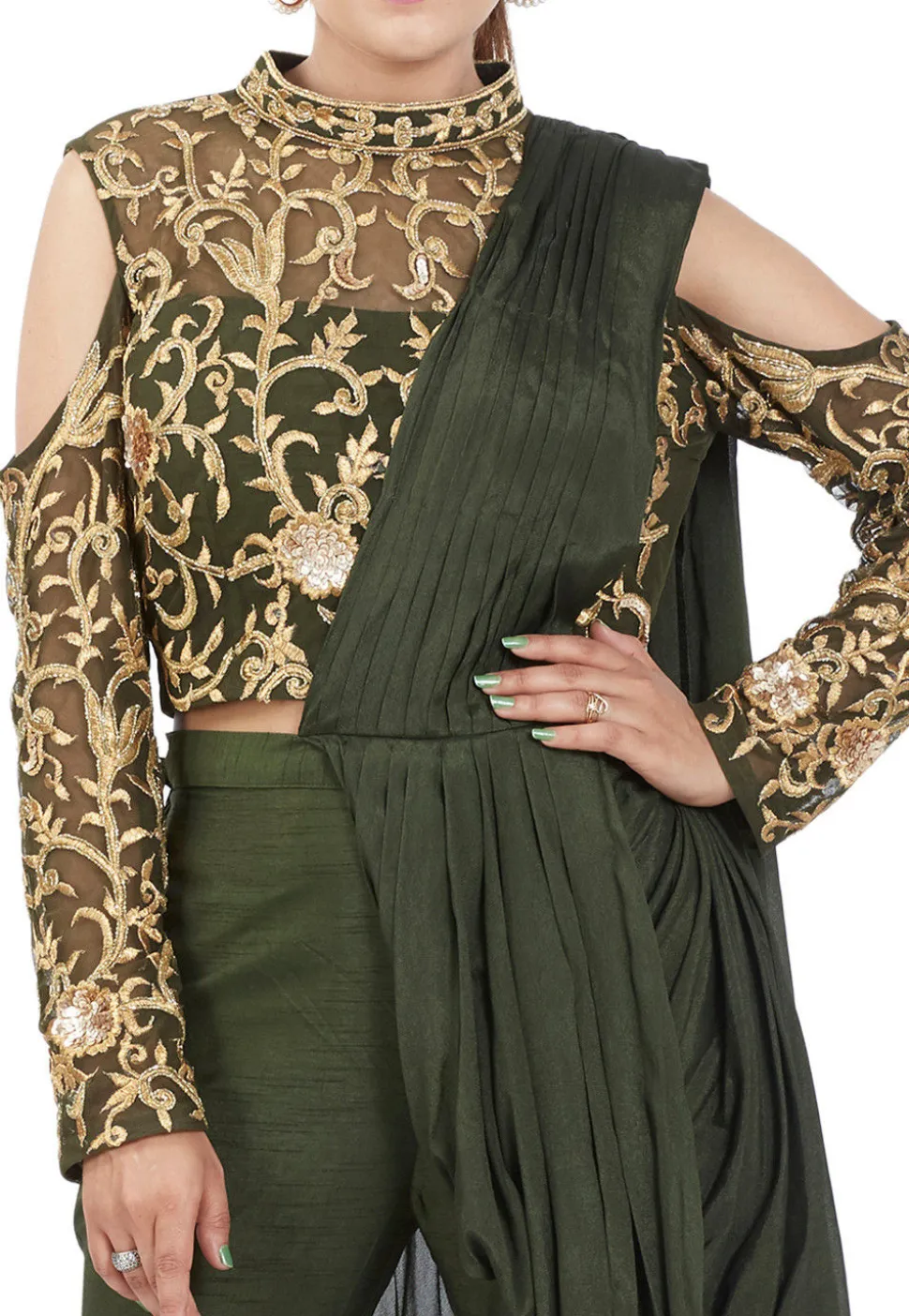 Hand Embroidered Net Crop Top Set in Olive Green