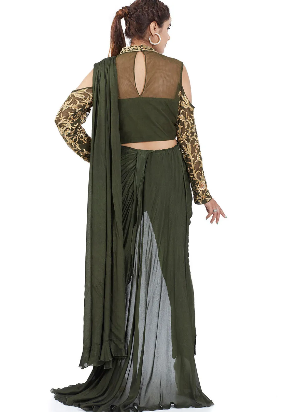 Hand Embroidered Net Crop Top Set in Olive Green