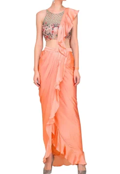 Hand Embroidered Net Crop Top Set in Peach