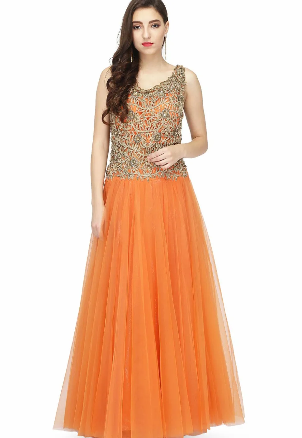 Hand Embroidered Net Gown in Orange
