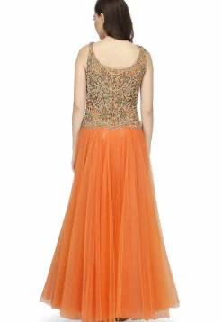 Hand Embroidered Net Gown in Orange