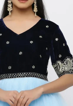 Hand Embroidered Net Gown in Sky Blue and Navy Blue