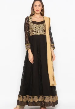 Hand Embroidered Net Jacquard Abaya Style Suit in Black