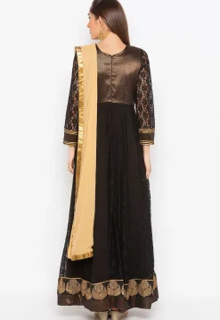 Hand Embroidered Net Jacquard Abaya Style Suit in Black